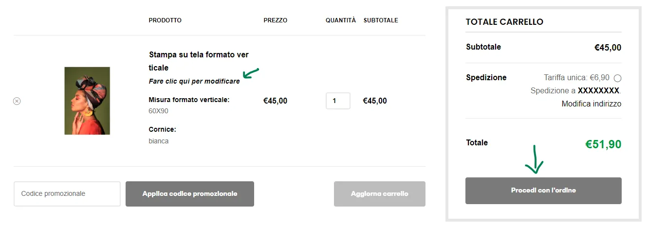 Pagina carrello con stampa personalizzata