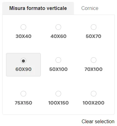 Sezione per la scelta di dimensione e cornice da mobile